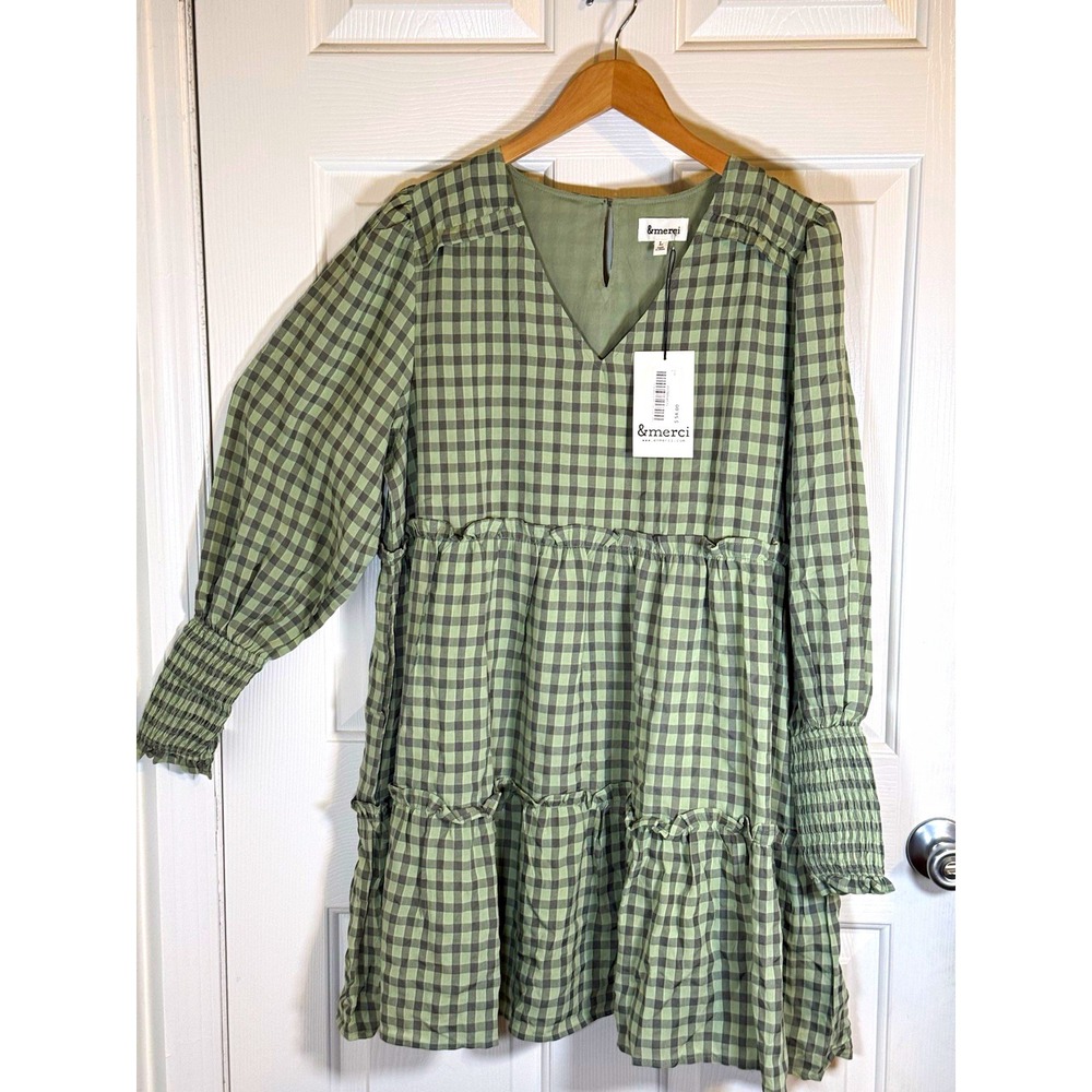 &merci Sage Gingham Babydoll boho mini Dress V-Neck pockets  Lined  Size L NWT